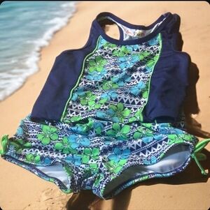 Swim suit by Lemon Kiss tankini blue green floral Med 7/8 in excellent c…
